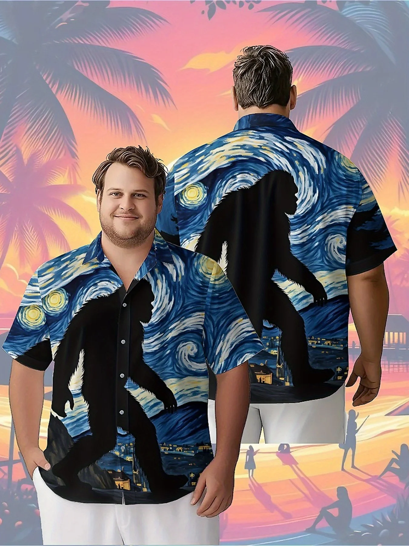 

Men's Plus Size Hawaiian Shirts Starry Night Sasquatch pattern, Button Up Shirts, Unisex Casual Clothing, Summer Tops
