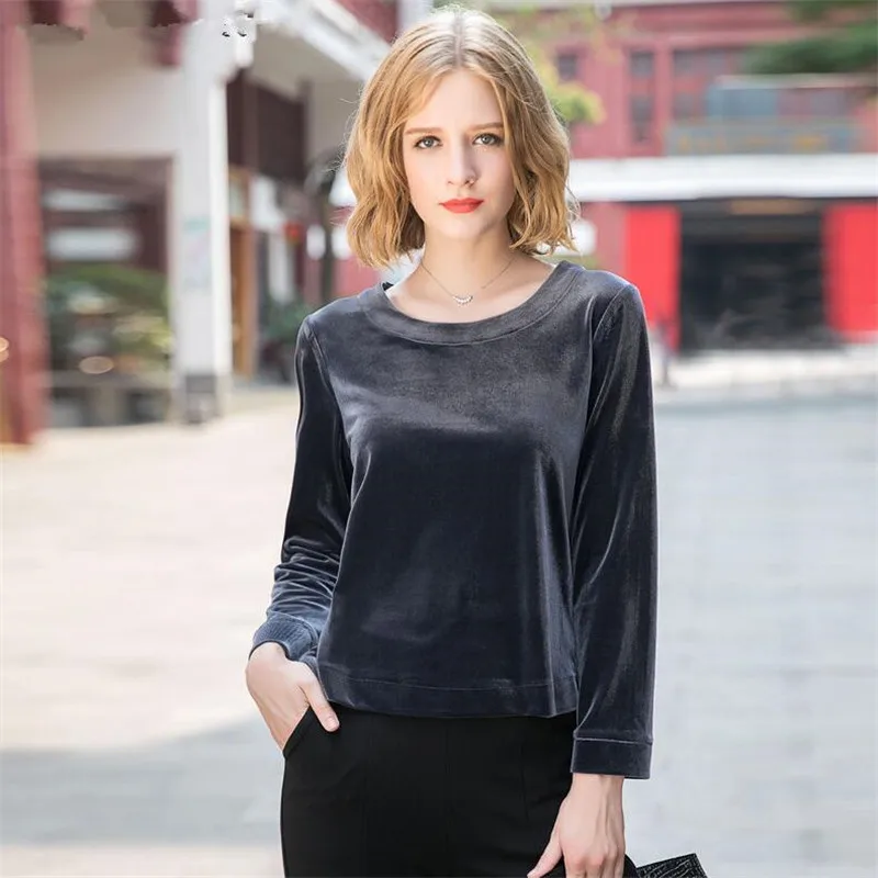 Women Full Sleeves Gold Velvet Tops Fashion 2024 Spring Autunm Casual O-neck Top Slim Loose Velour Shirt Female Pullovers