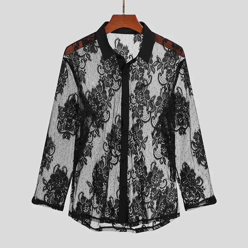 Male Sexy Floral Mesh Sheer Long Sleeve Shirt Lapel See Through Transparent Blouse Night Club Party Wear