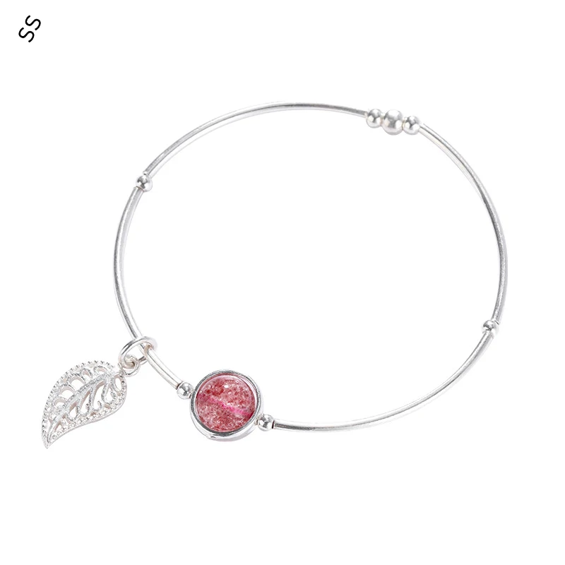 

925 Silver Bracelet Strawberry Crystal Leaf Pendant Hand Accessories for Girl Student Pouplar Bangles Charm Decor at School