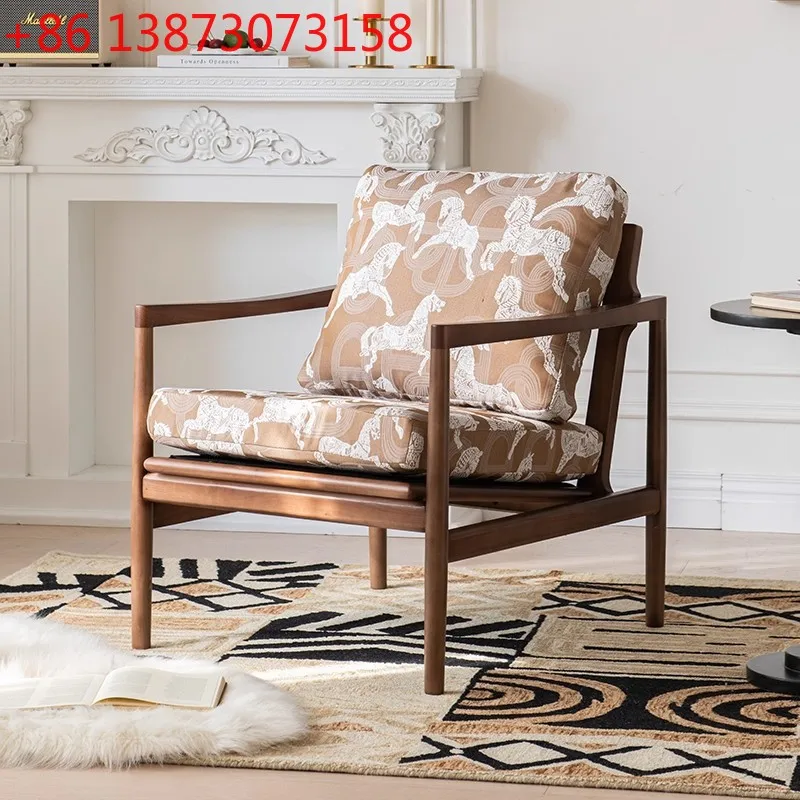 

American retro single casual home solid wood sofa chair living room balcony lazy backrest printed fabric sofa chair