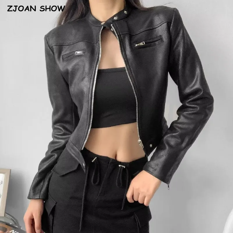 

2023 American Retro Women Vintage Faux Suede Leather Jacket Full Sleeve Biker Coat Zipper Short Outwear Black Brown