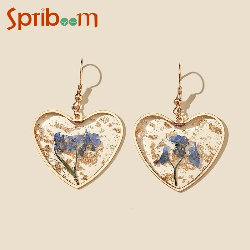 Trendy Heart Earrings for Women Blue Dried Flower Transparent Resin Drop Earring Girls Aesthetic Jewelry Female Anniversary Gift