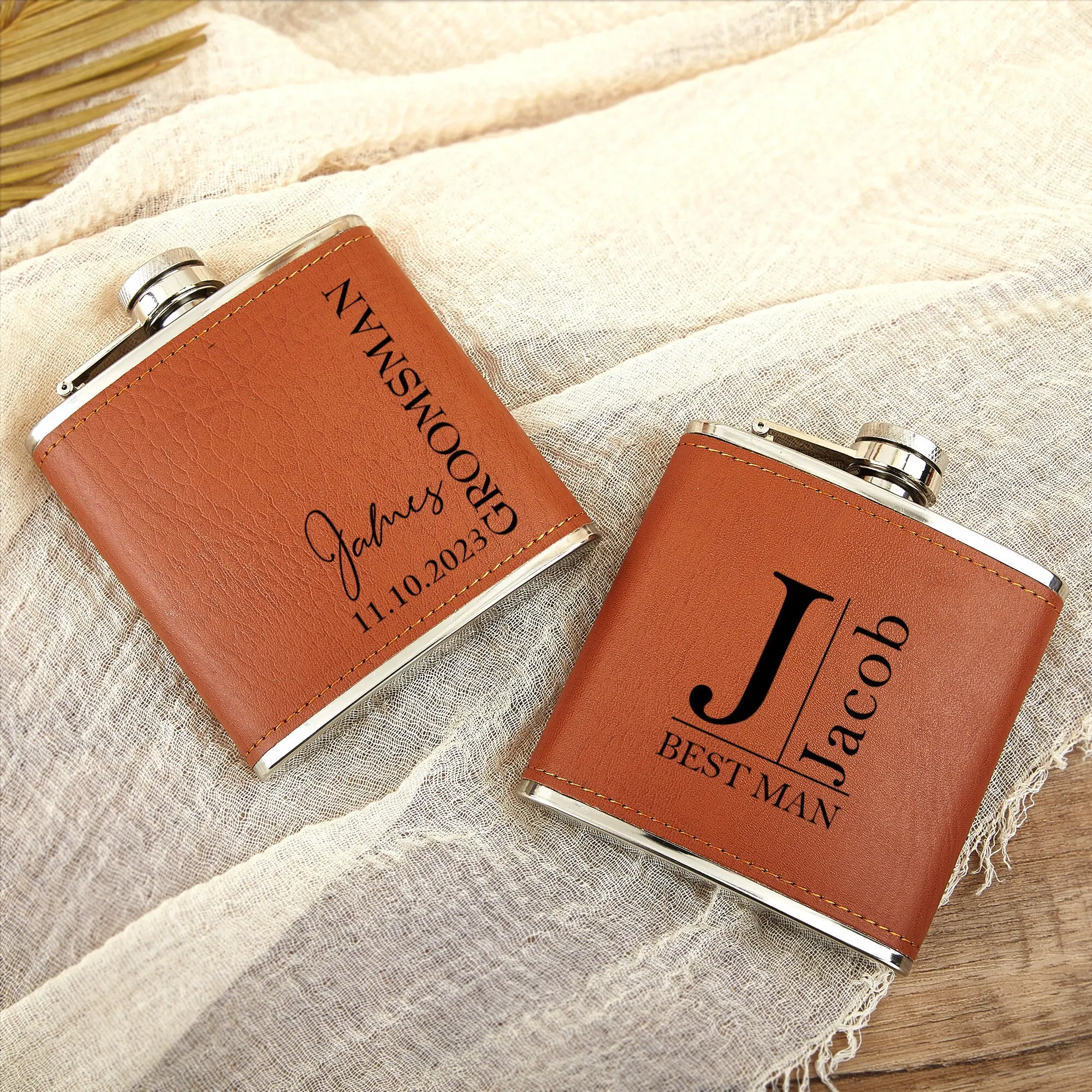 

Personalized Leather Hip Flask, Customized Logo, Stainless Steel, Best Man Groom Gift, Wedding Favors, 6oz