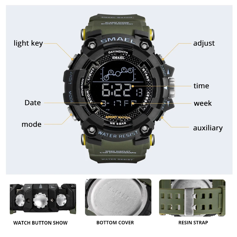 2022 Mens Watch Military Water Resistant Smael Sport Army Led Digital Wrist Stopwatches For Male 1802 Relogio Masculino Watches