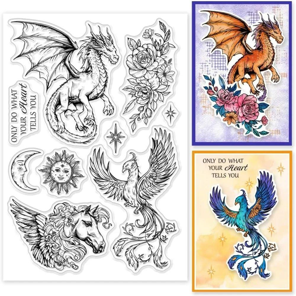 1szt Magiczne zwierzęta Silikonowe przezroczyste znaczki Smok Feniks Latający koń Przezroczyste pieczęcie do tworzenia kart DIY Scrapbooking