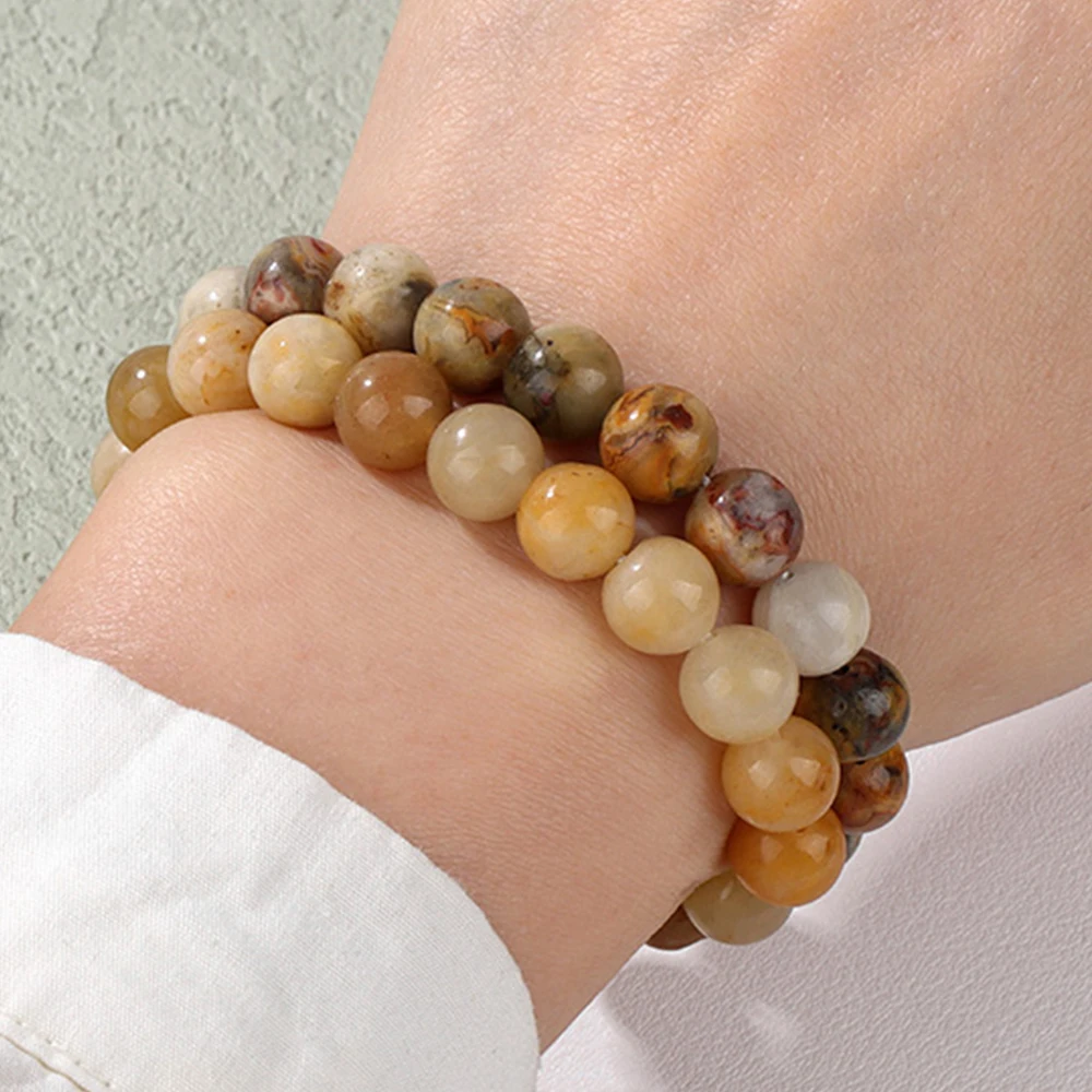 2Pcs Genuine Yellow Aventurine Crazy Agates Bracelet For Women Men 8mm Natural Stone Tiger Eye Lemon Jades Bead Elastic Bracelet