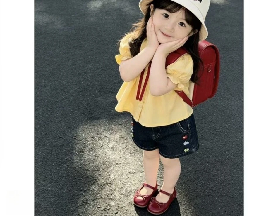 2 Piece Set Girls 2026 Summer New Cute Yellow Baby Girl Shirt Cowboy Casual Shorts Fashion Sweetheart Suit