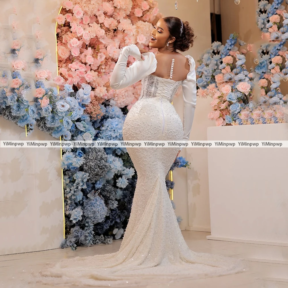 فساتين زفاف فاخرة مخصصة كم طويل أسود بنات مطرز حورية البحر الساتان الحبيب مثير العروس رداء حفلات مخصص