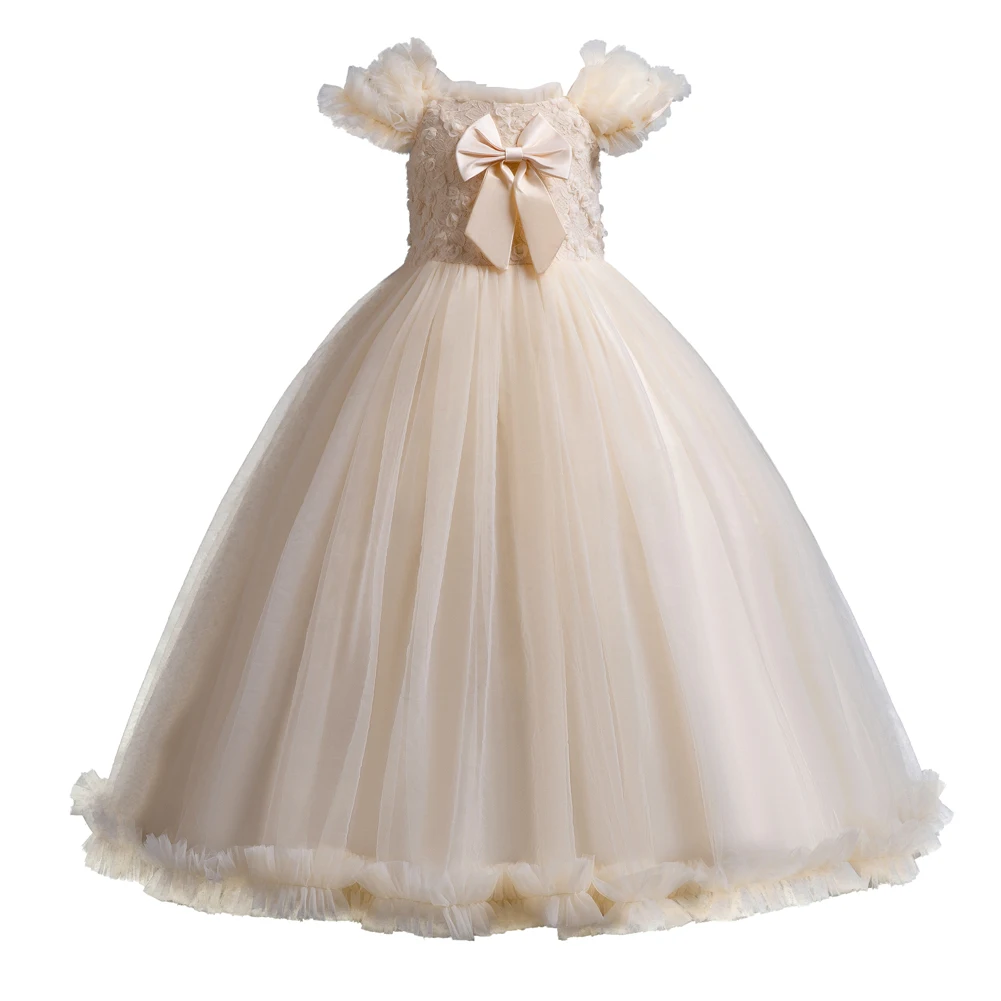 champagne girl big bow long dress  for birthday outfits worn by 3 to 12 Year girls at parties