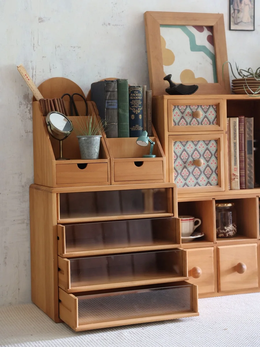 Wooden office desktop A4 file spool teacup storage box multi-layer classified drawer storage cabinet