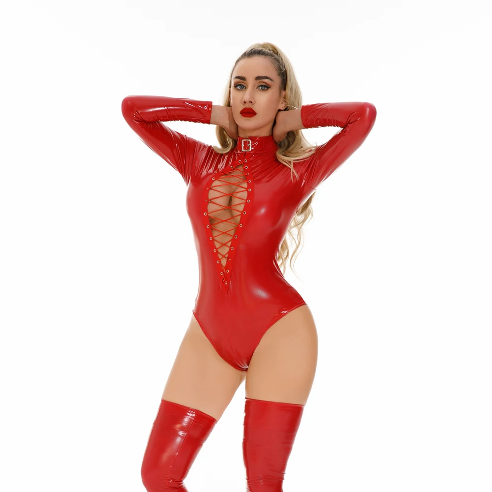

Sexy Women Cosplay Maid Oil Glossy Shiny HIgh Cut Bodysuit PU Latex Faux Leather Elastic Tight Leotard Open Crotch Catsuit