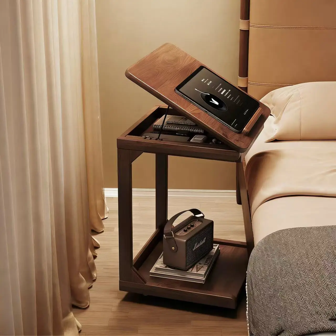 Movable solid wood creative bedside table can be turned over bedside table