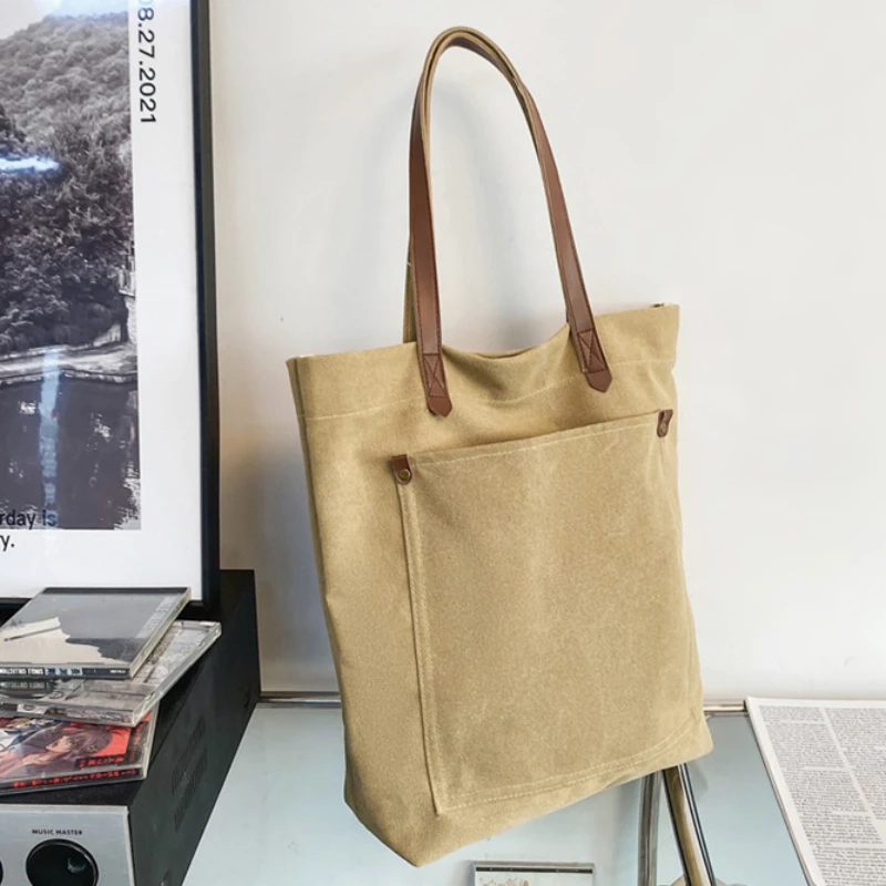 Vintage Canvas Shoulder Bag for Man Solid Color Large Capacity Students Book Bag Women Casual Handbag Purses with Outside Pocket