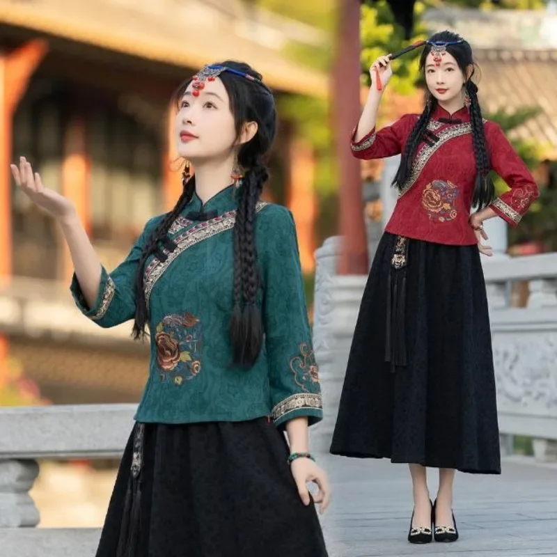 Vestido Hanfu tradicional para mujer, Top de manga media bordado de peonía roja para niña, falda de Jacquard negra, traje Hanfu, disfraz chino antiguo