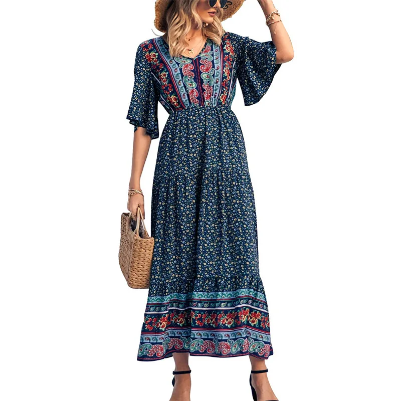 

New Fashionable Women's Casual Dress Bohemian Print Design Short Sleeve V Neck Summer Beach Vacation Elegant Dress