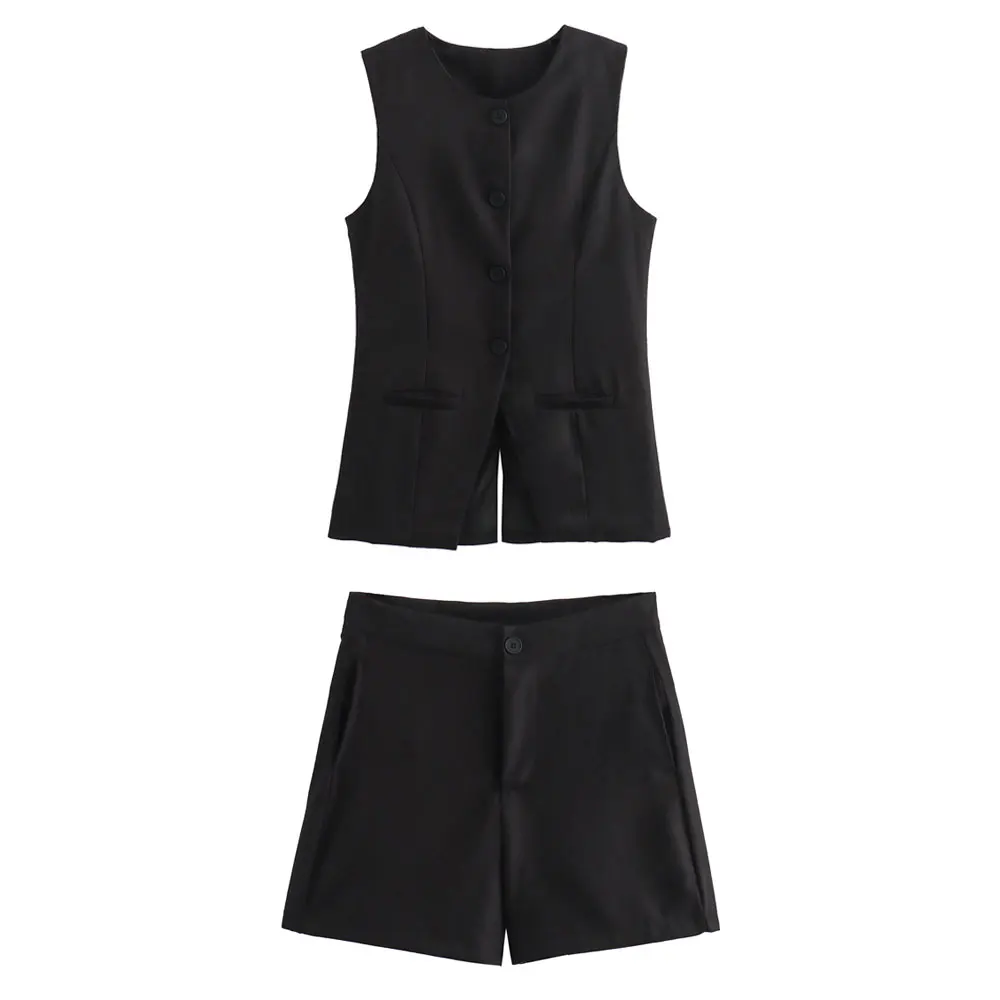 DUOPERI Women Fashion 2 Pieces Sets Solid O-Neck Vest High Waist Shorts Female Chic Lady Basic Waistcoat Shorts Coordinates