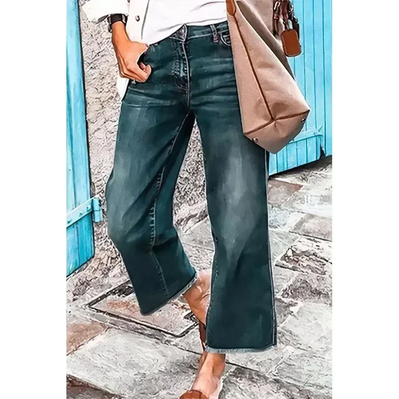 جينز نسائي من قماش الدنيم متوسط الخصر بطول الركبة سروال مستقيم 2025 متعثر غسيل سادة جيوب يطير شارع العليا فضفاض