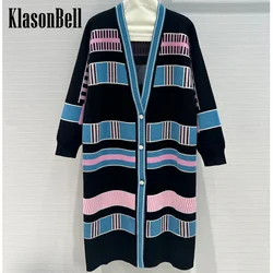 8.21 KlasonBell Women Elegant Fashion Geometric Striped Jacquard Cardigan Cashmere Knit Comfortable V-Neck Loose Long Coat