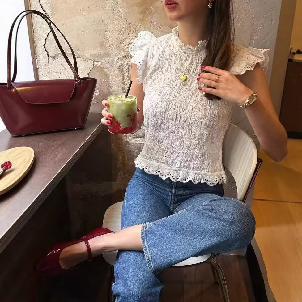 

Женская хлопковая рубашка Ele с вышивкой, узлом, кружевной отделкой и бантом, с коротким рукавом, французский стиль, приталенный крой