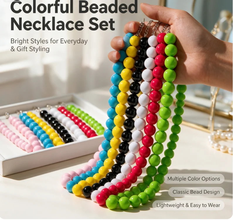 Summer Boho 2Pcs Rainbow Plastic Beads Jewelry Set Choker Necklace Earrings for Women Beach Holiday Accessories