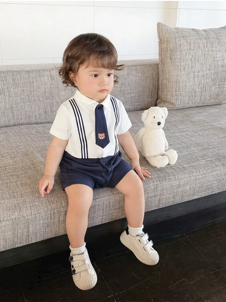 

2025 Gentleman Baby Boy Onesie Newborn Infant Cotton Summer Romper with Tie Clothes One-piece Birthday Gift Party clothes 0-3T