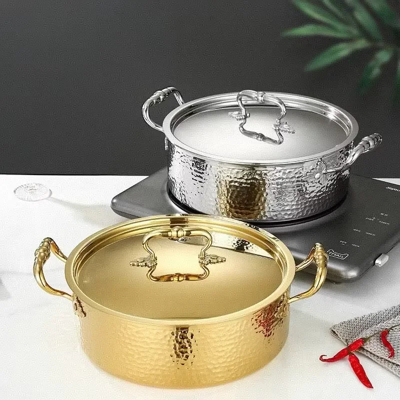 304 Stainless Steel Hot Pot Three Layer Hammered Pattern Mandarin Duck Soup Cooker for Home Kitchen Restaurant Direct Sale