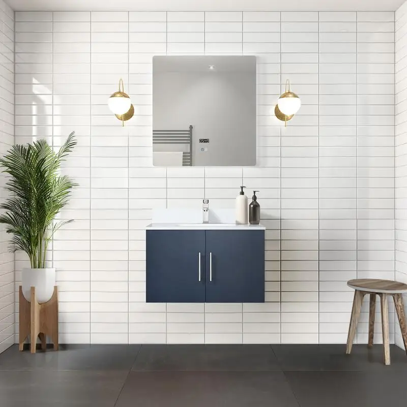حمام باللون الأزرق الداكن مقاس 30 بوصة عرض × 22 بوصة عمق مع سطح رخامي مثقف ومرآة LED مقاس 30 بوصة لترقية الحمام الحديث