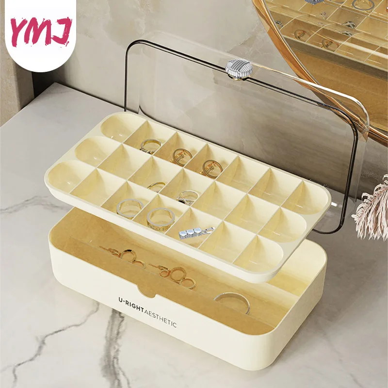 

New Transparent Portable Jewelry Storage Box Double Layers Container Earrings Ring Organizer Removable Compartment Plastic