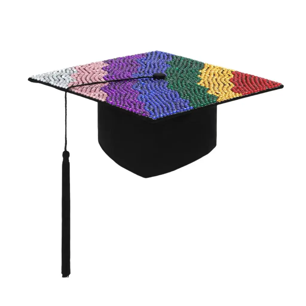 A unisex colorful rhinestone black tassel college graduation hat, suitable for graduation season, performance