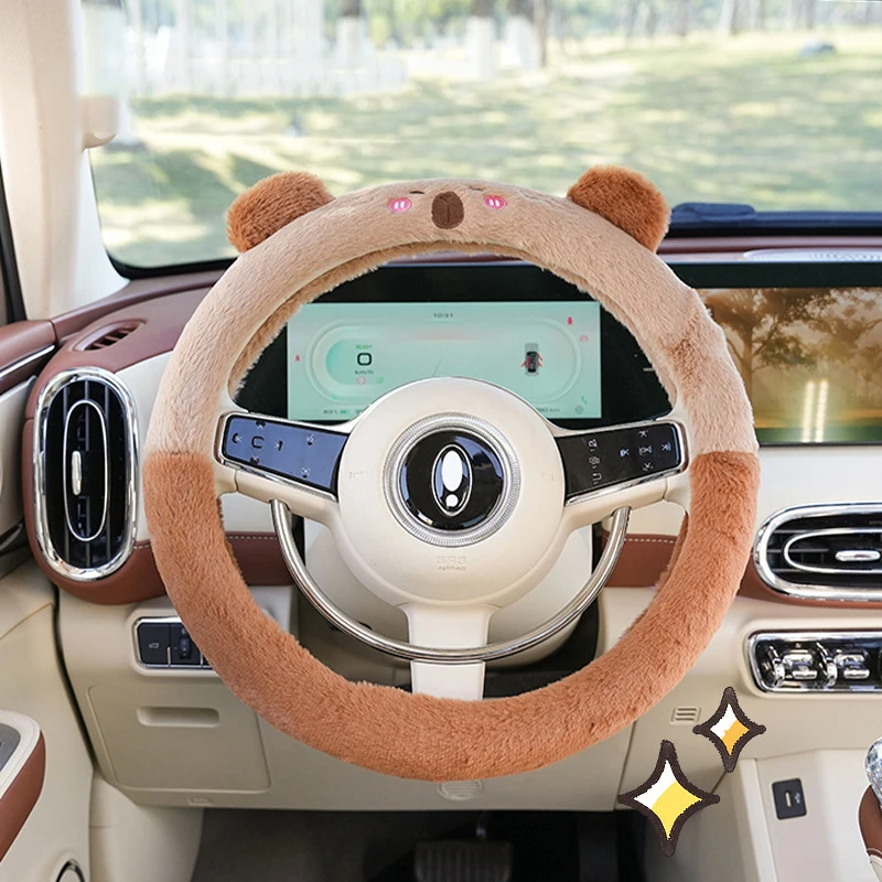 Car Steering Wheel Cover Cartoon Capybara Plush Seat Belt Decoration Accessories Comfortable Non-slip Car Steering Wheel Cover