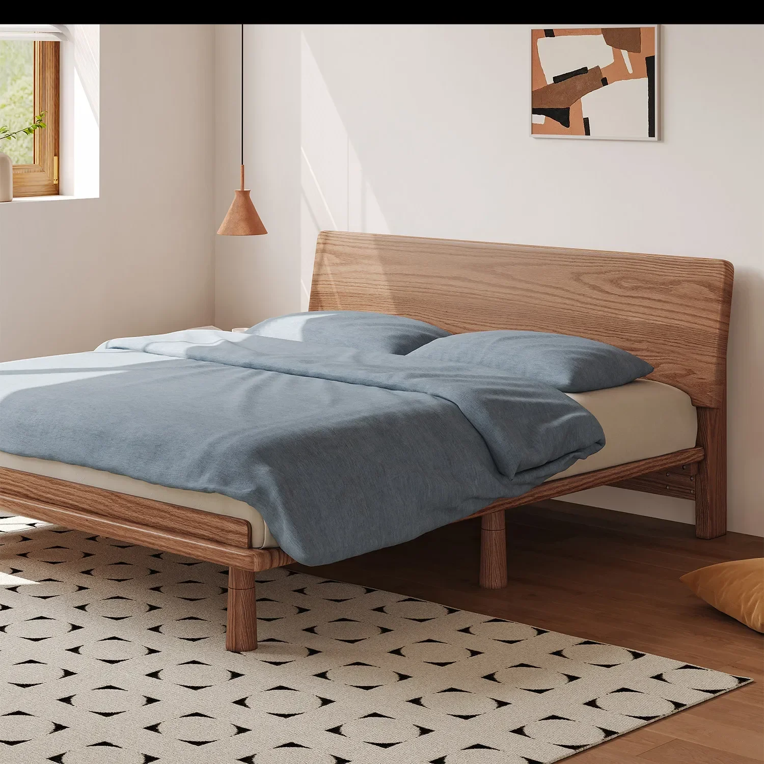 HTSolid Wood Simple Home Bedroom Double Queen Bed Hotel Homestay Solid Wood Bed Mortise Structure Log Bed