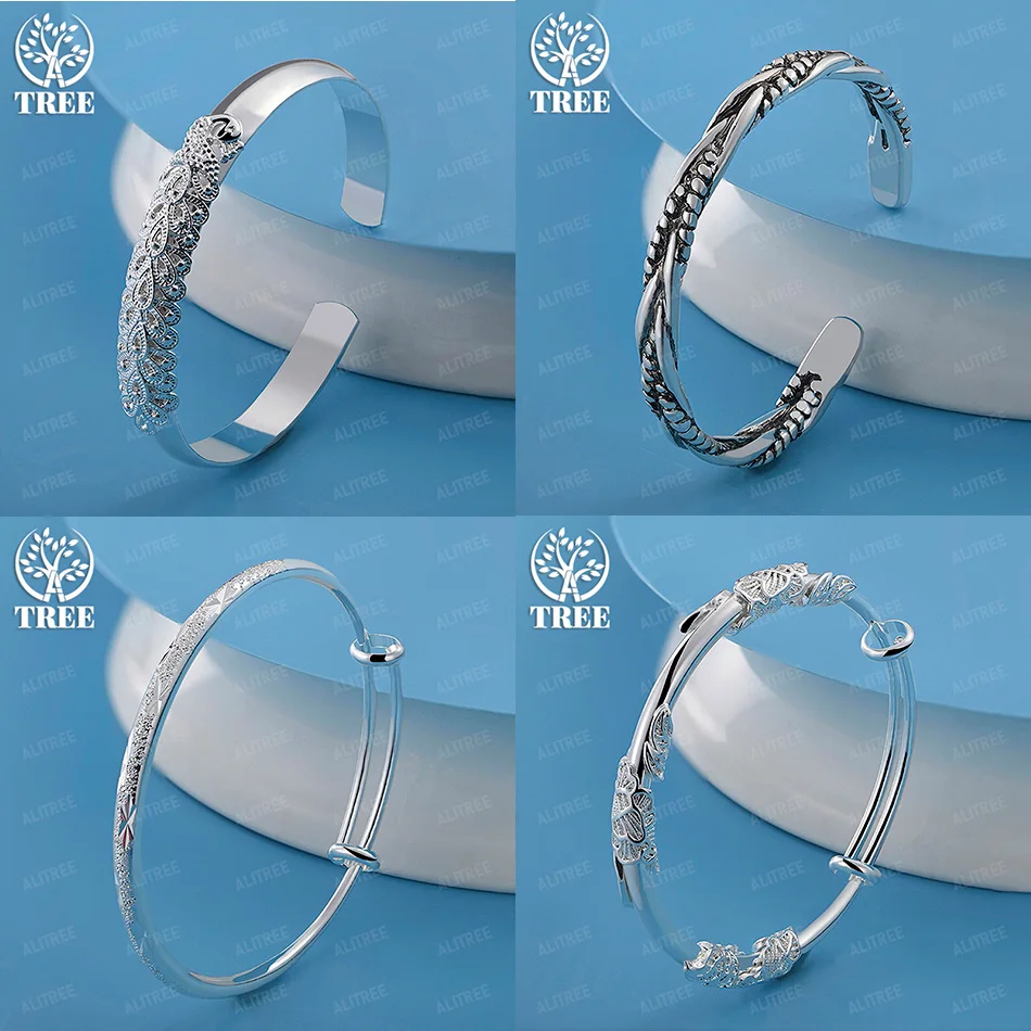 

Classic 925 Sterling Silver Peacock Flowers Braided Round Adjustable Bangles Women Fine Jewelry Accessories Birthday Party