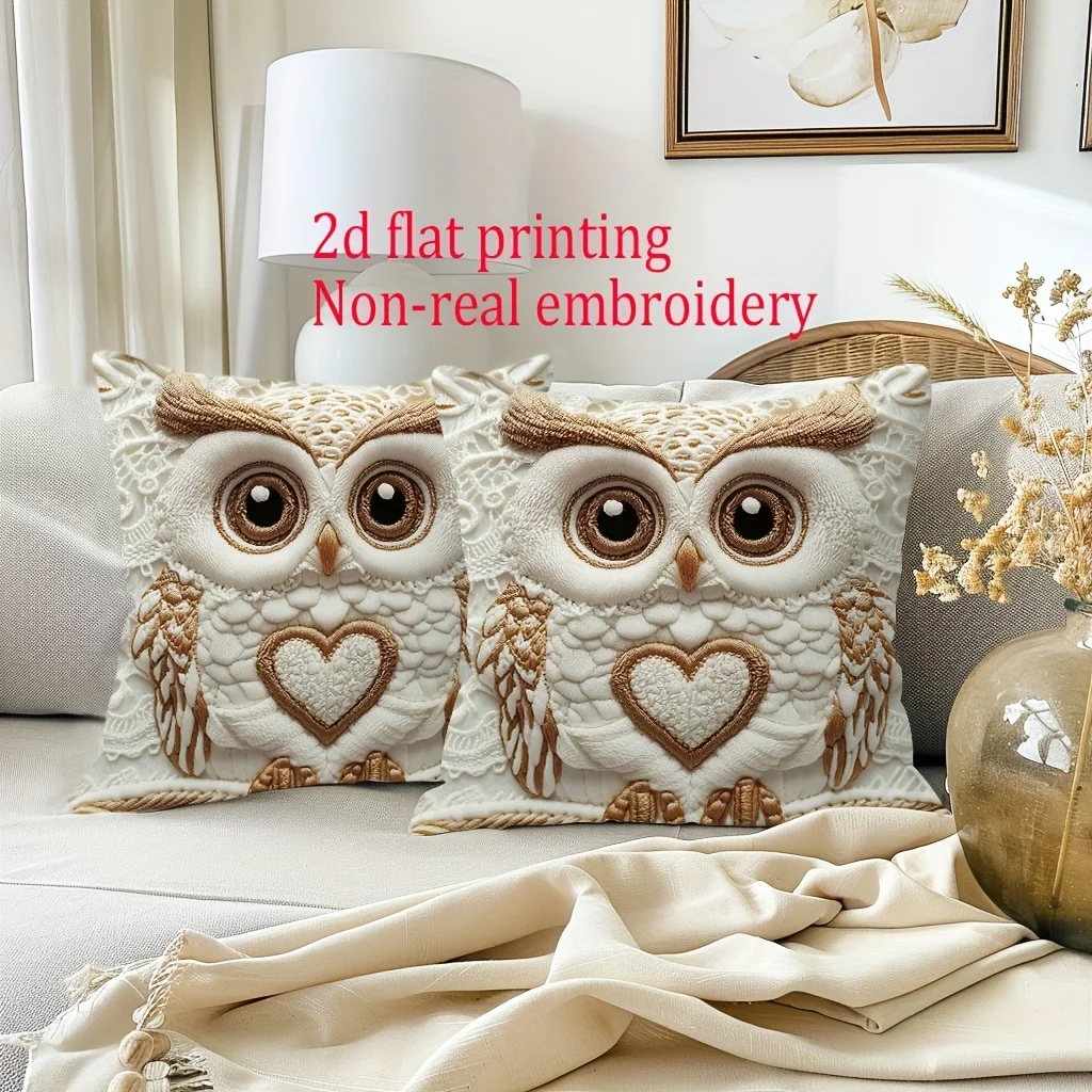 Short Plush 2d Flat Printing Owl Love Throw Pillow Covers, Zippered Polyester Comfortable Decor Pillowcases,