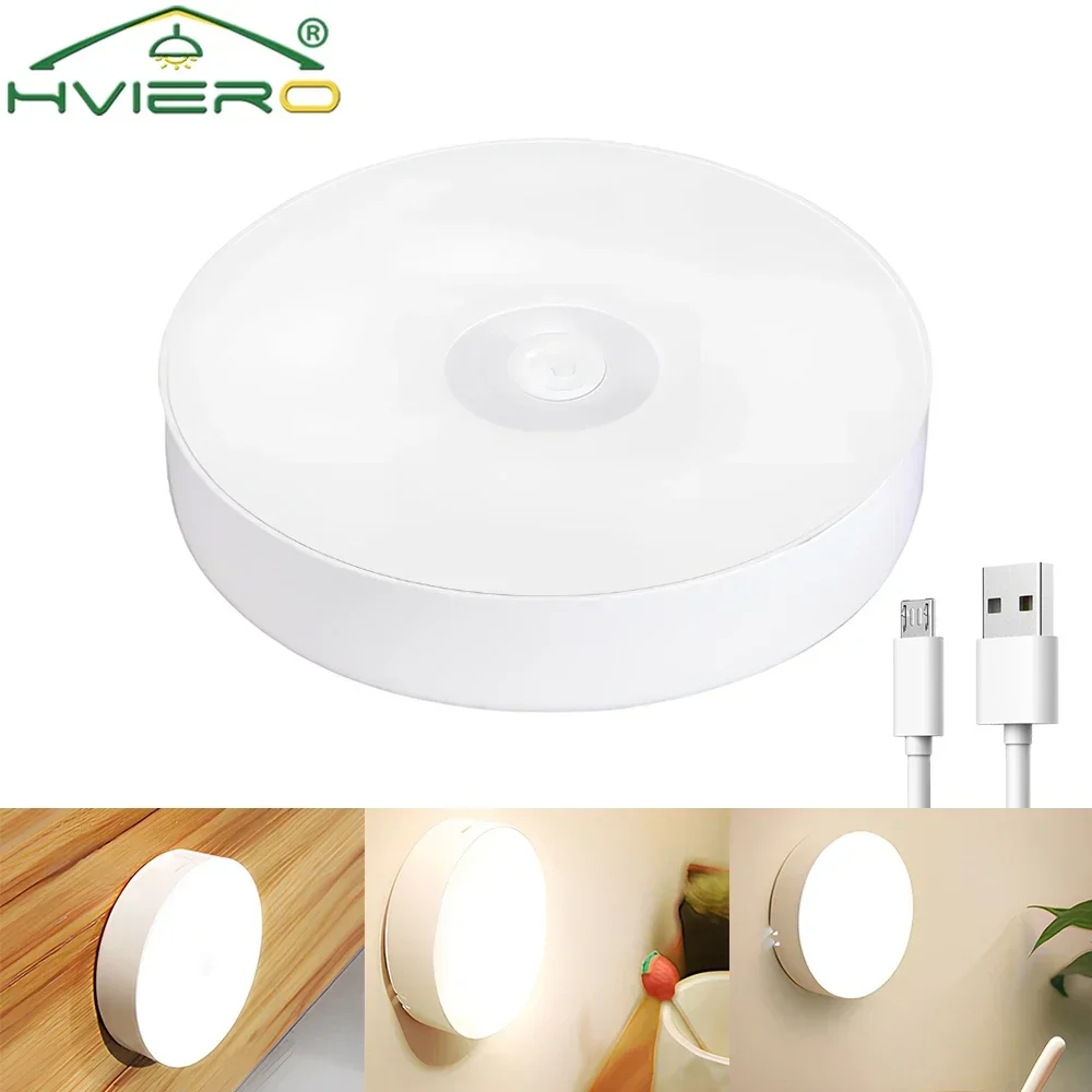 LED Motion Sensor Night Light Wireless Round USB Charging For Bedroom Decoration Wall Lamp Staircase Cabinet Wardrobe Lighting