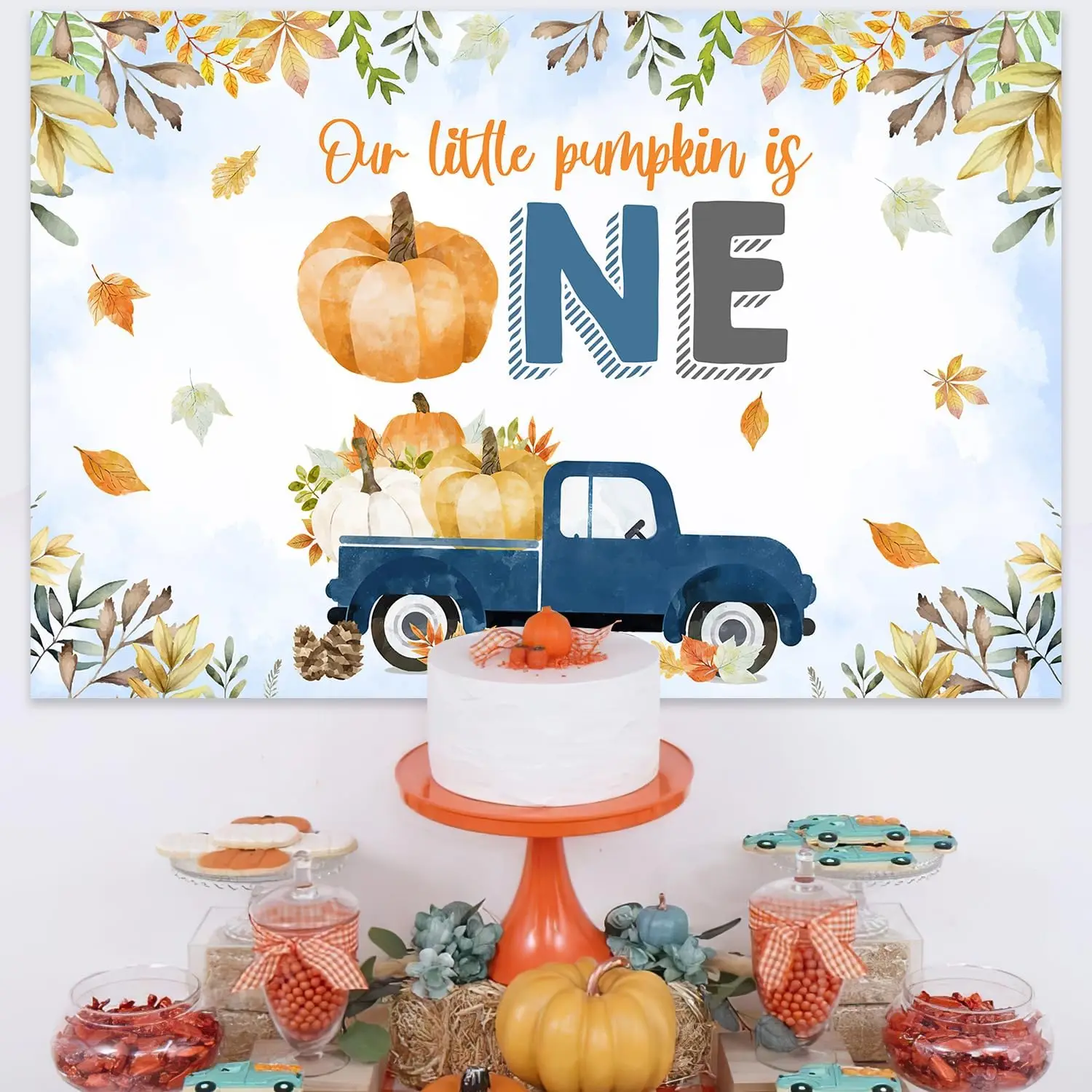 Cheereveal 5x3ft اليقطين شاحنة 1st عيد ميلاد خلفية الأزرق لدينا اليقطين الصغير هو واحد التصوير الدعائم الخريف الخريف لوازم الحفلات #3