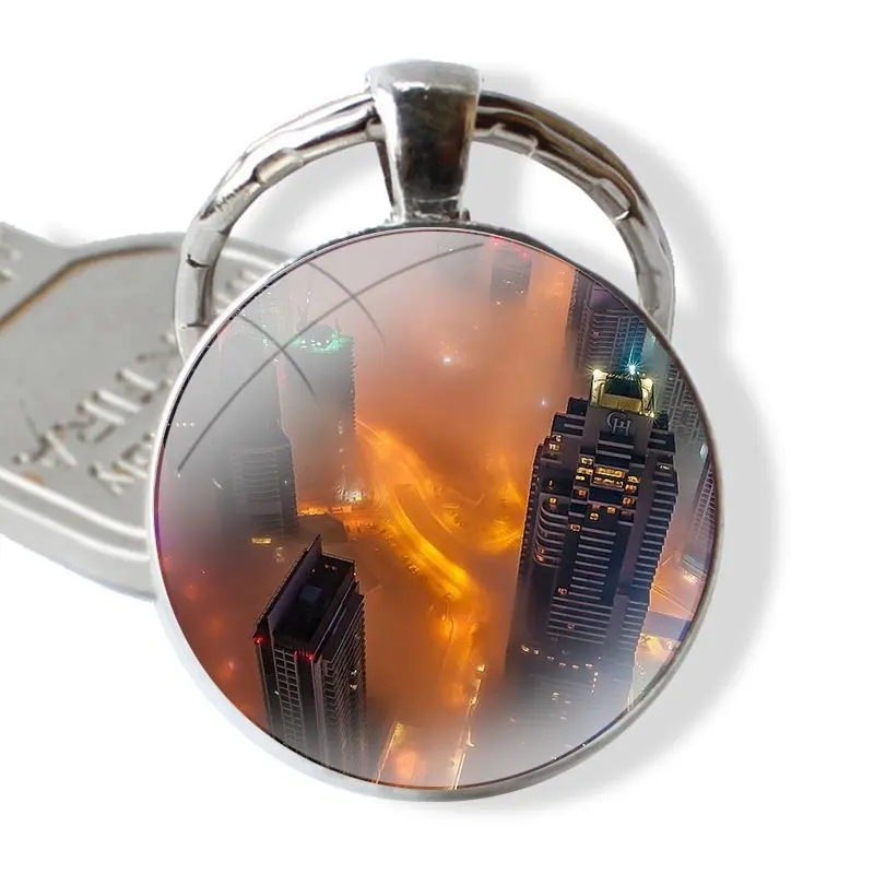 Dubai Night Live High Building Keychain Glass Cabochon Metal Pendant Classic Men's Women's Keyring