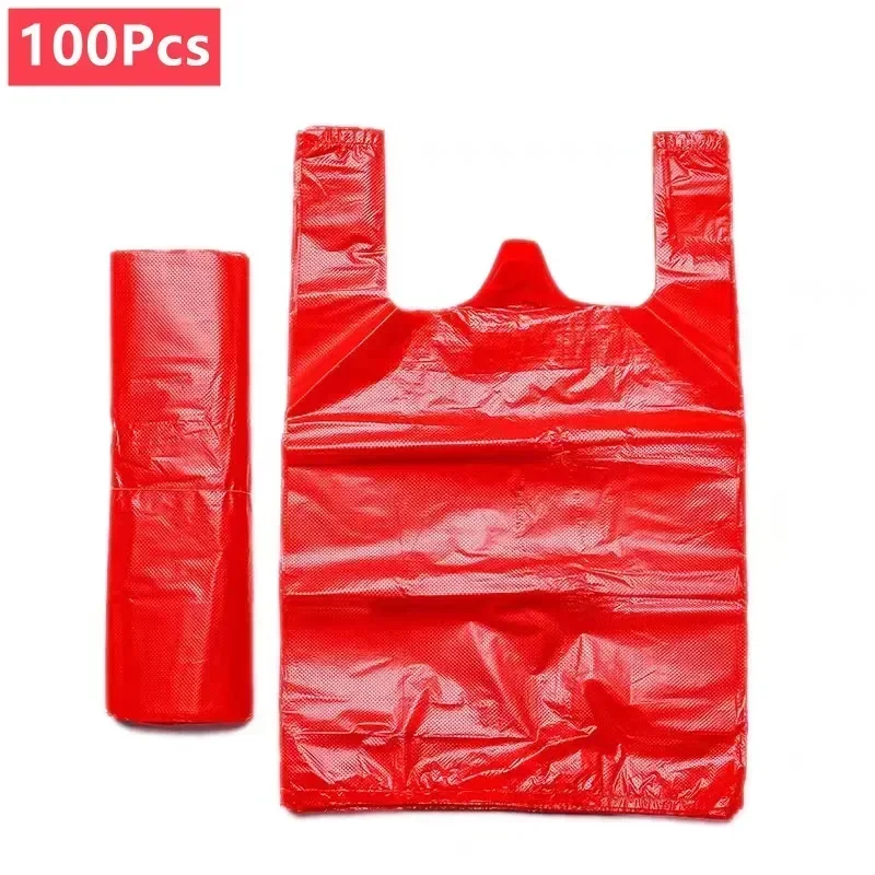 100 pezzi sacchetto di plastica rosso supermercato generi alimentari regalo sacchetto della spesa addensare con manico gilet borsa da cucina