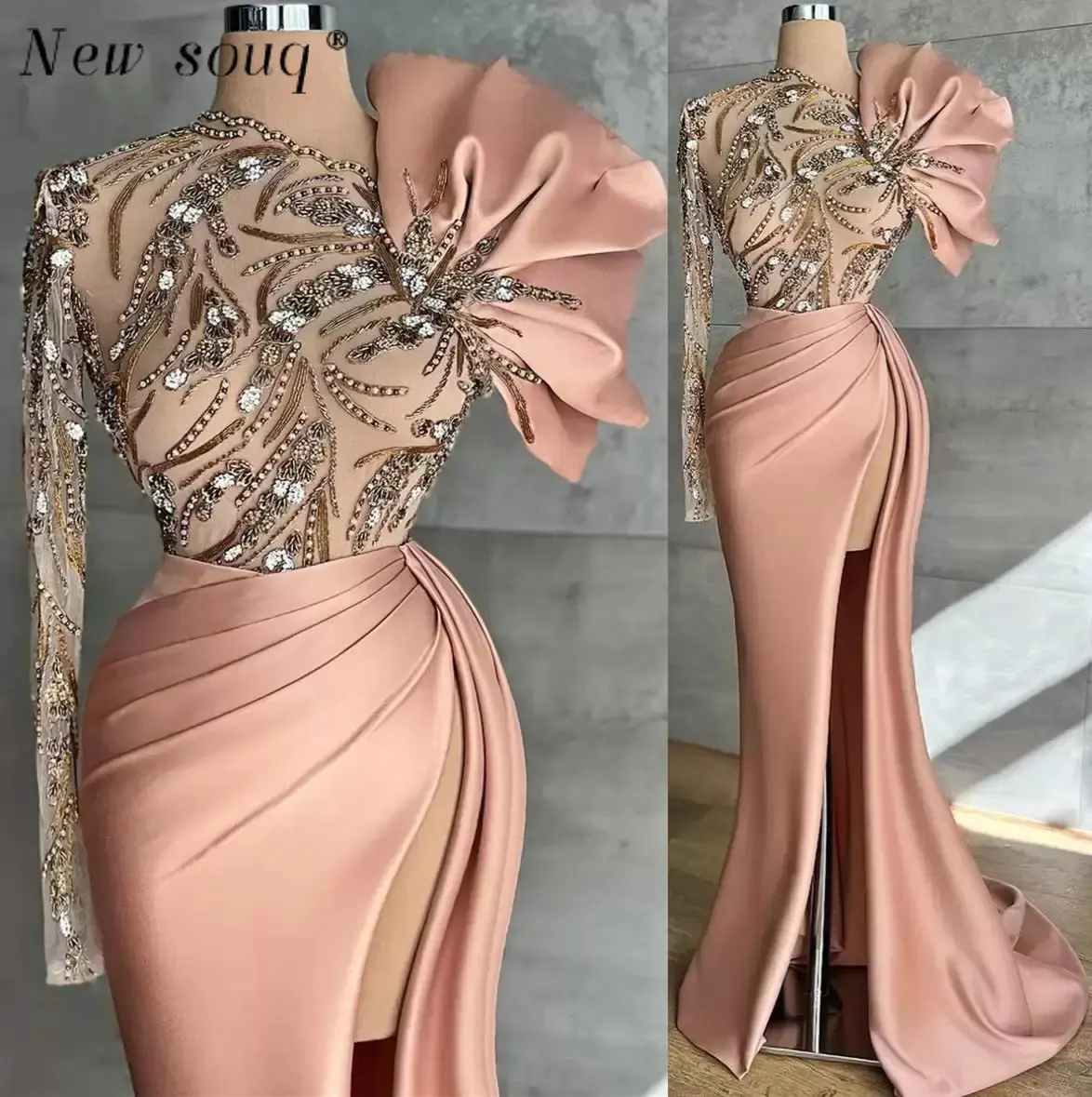 Arabic Elegant One Long Sleeve Mermaid Prom Dresses 2022 Sexy Front Split Pink Satin Formal Evening Occasion Gowns Robes Soiree