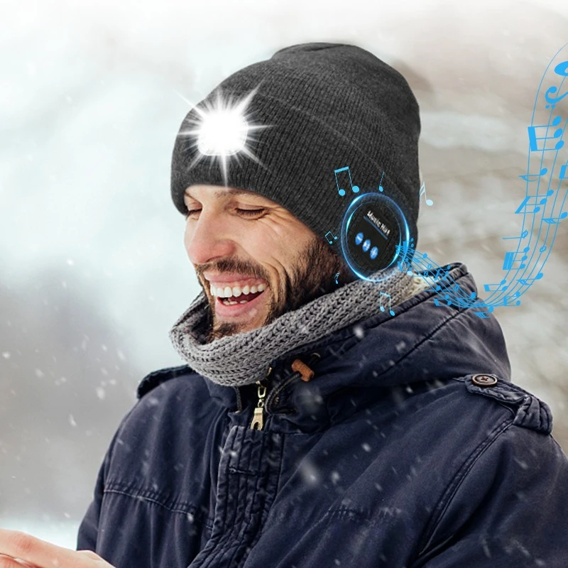 Bluetooth Beanie Hat with LED Light Rechargeable Wireless Music Knitted Cap Winter Warm Headlamp Hat for Night Running Cycling