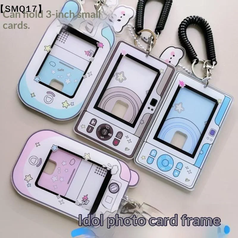1Pcs Cute Camera Shaped Acrylic Photocard Holder With Coil Lanyard Clear Window Anti Drop Design For Kpop Collecting Idol【SMQ】