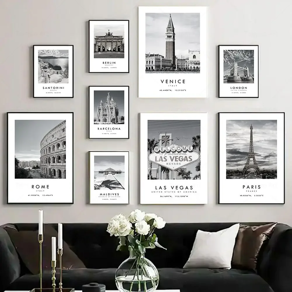 Frameless Canvas PaintingBlack White City Travel Photography Poster Rome Las Vegas Canvas Painting World Landscape Prints Wall P