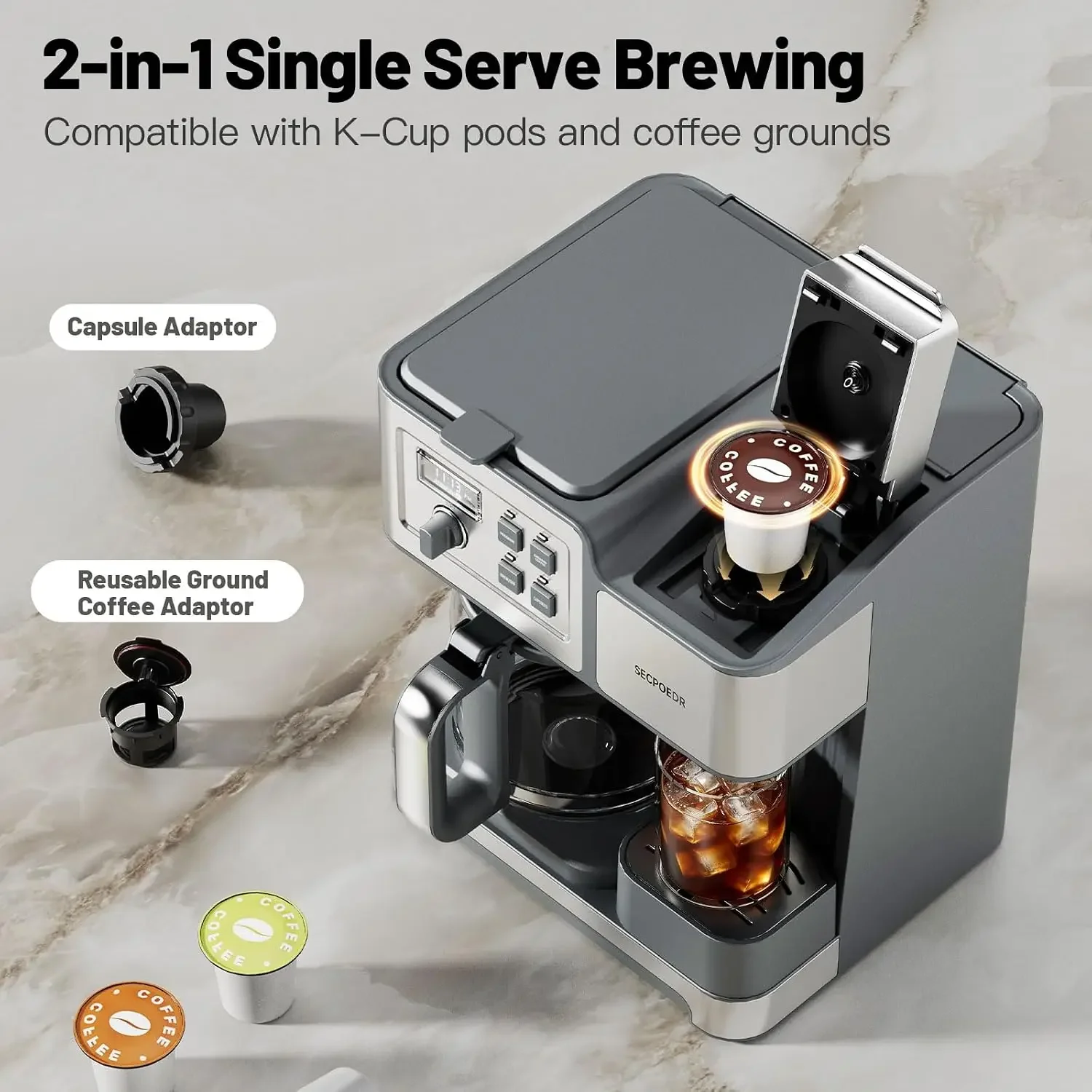 2-Way 12-Cup Programmable Brewer Coffee Maker (Silver) | Compatible with K-Cup Pods & Grounds, Single Serve & Full 12 Cup Pot, 4