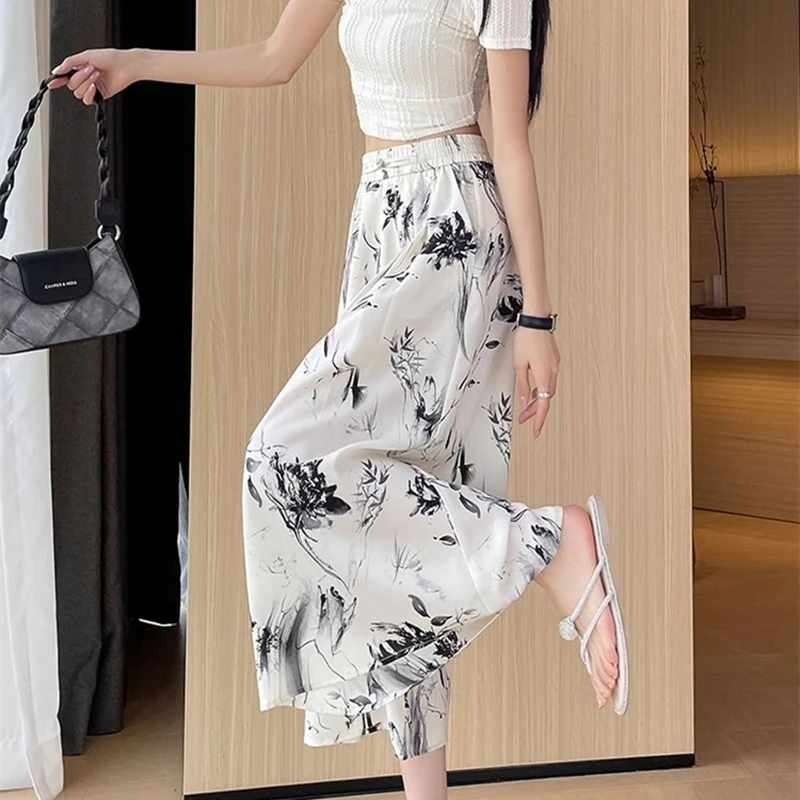2025 Summer Ice Silk Beach Wide Leg Pants Women Bottoms Boho Printed Loose Calf-Length Pants