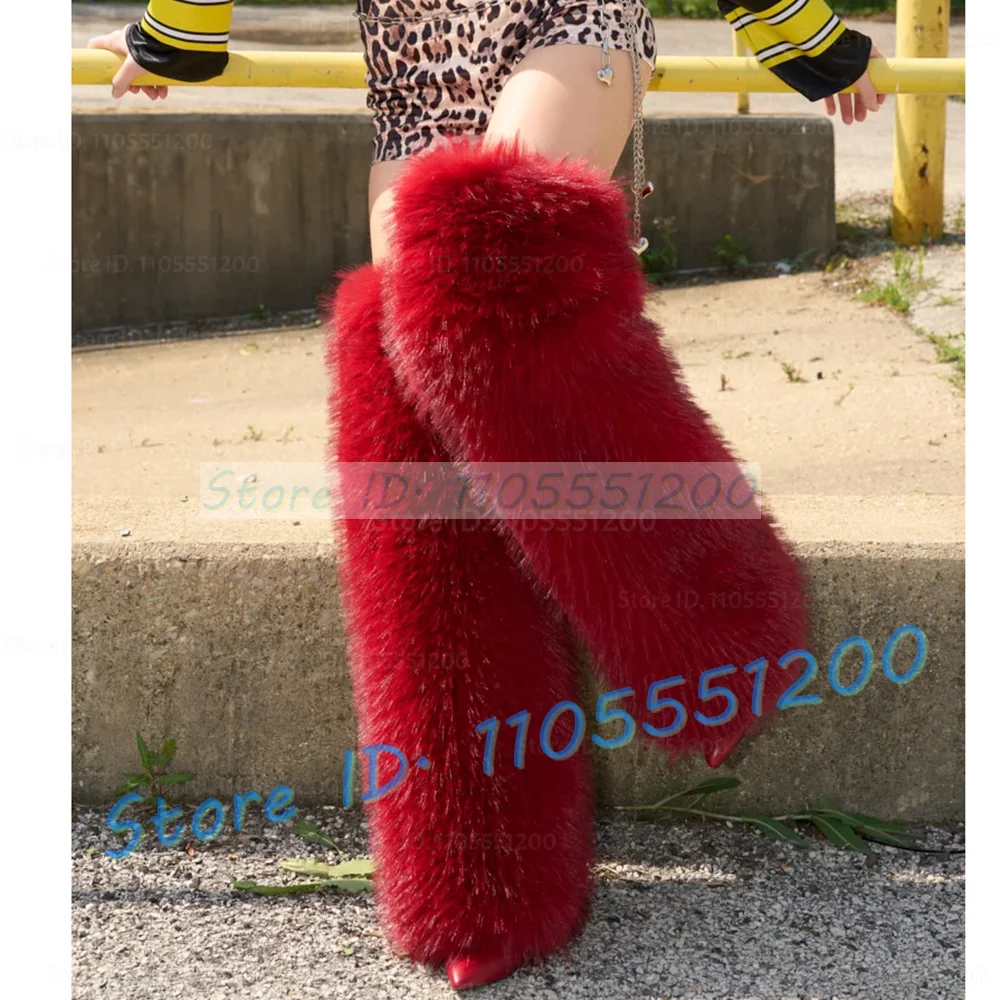 Fluffy Red Fur High Heels Over The Knee Boots Women Sexy Pointy Toe Fold Over Wide Fit Shoes Ladies British Style Baggy Boots