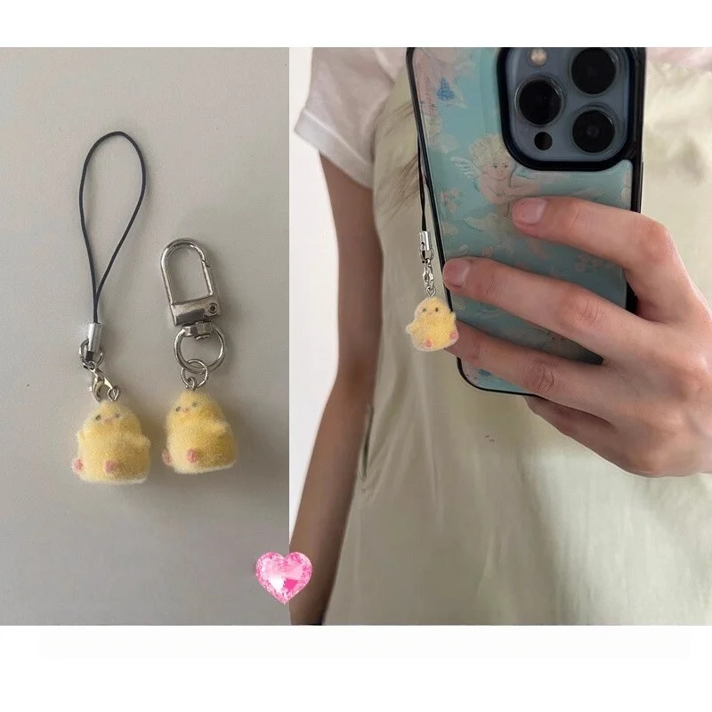 Fashion Cute Yellow Flocking Pendent Ccd Hanging Rope Phone Charm Phone Strap Keychain Bag Decor Surprise Gift