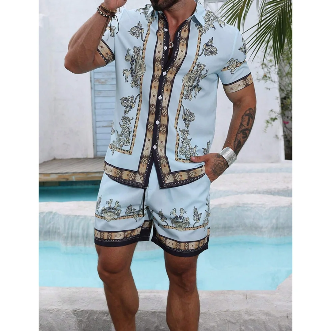 Set Kemeja Bergaris 2025 Kemeja Lengan Pendek Pria Kemeja Lengan Pendek Musim Panas Celana Pendek Pantai Set Jalan Kasual Pria Celana Pendek Kasual Y2K