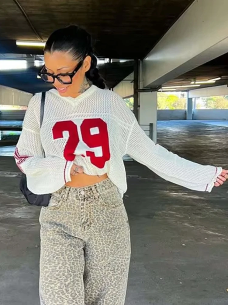 Nibber suéter de impressão digital feminino de retalhos de Natal com decote em V manga completa casual ver através do streetwear pulôver diário básico