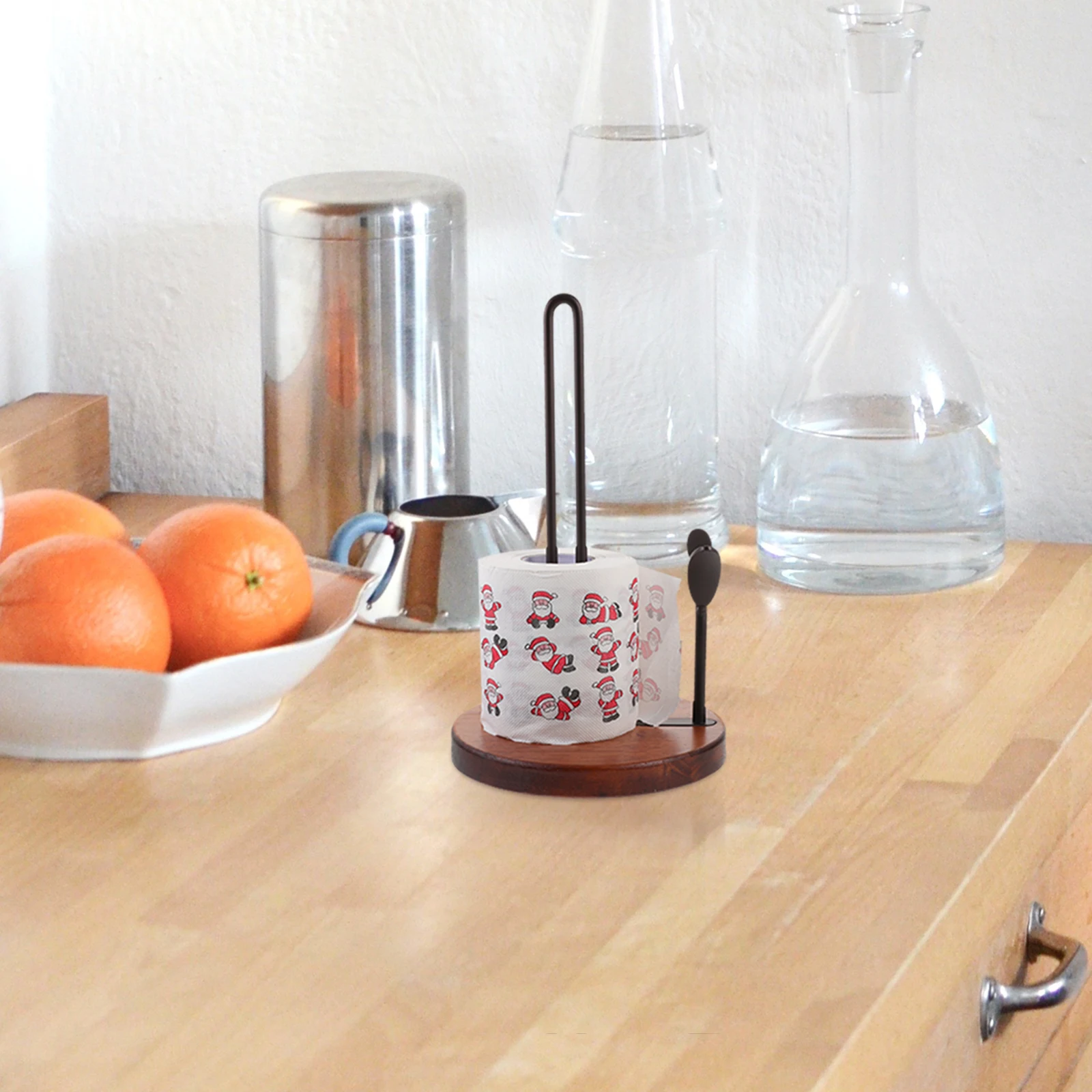 

Wooden Base Paper Towel Holder Vertical Roll Organizer Sturdy Kitchen Counter Rack Multipurpose Storage Tissue Stand