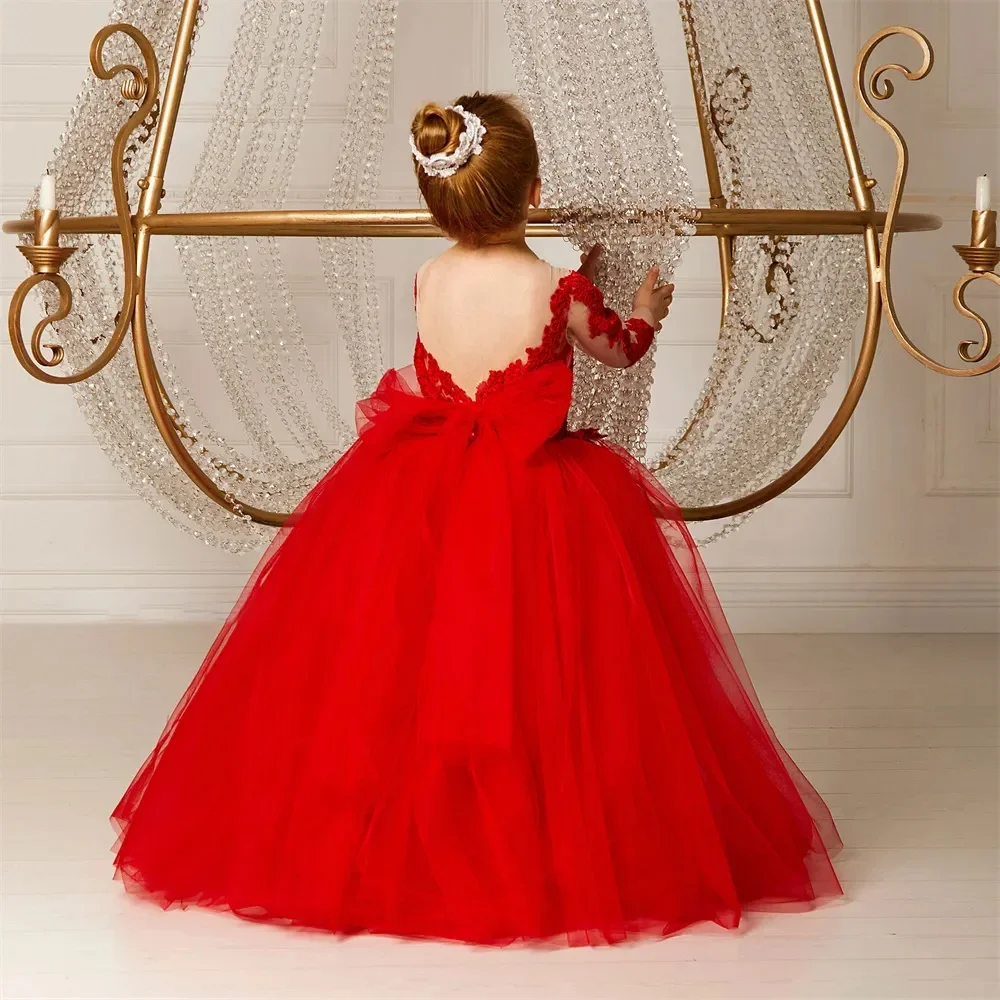 

New Red Flower Girls Dresses Bow Appliques Backless Lace Fluffy round neck with Long Sleeves Beautiful Bridesmaid Birthday